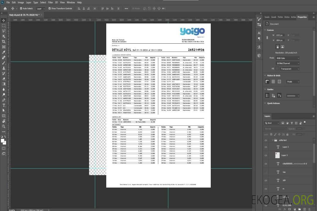 Espagne Yoigo facture de services publics Internet pour les entreprises aux formats Word et PDF, 3 pages template